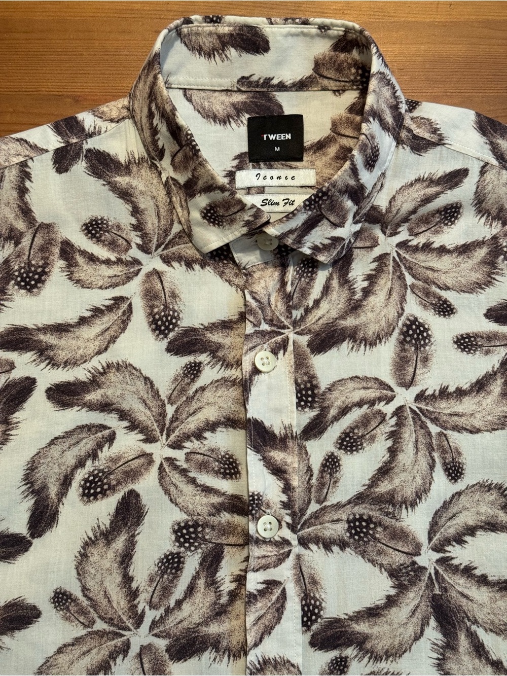 Tween Slim Fit Brown Feather Print Button-Down Shirt